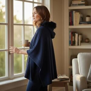 Piazza Sempione  Pre Fall 2015 Navy blue knit poncho with fur trim on hood M